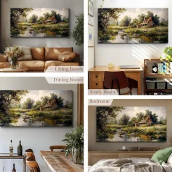 MHARTK66 Landgeflügel Leinwandbild 50x100 cm - Bauernhof am Flussufer Wandbild