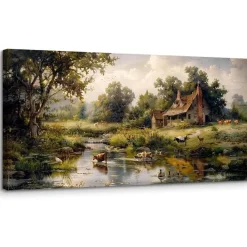 MHARTK66 Landgeflügel Leinwandbild 50x100 cm - Bauernhof am Flussufer Wandbild