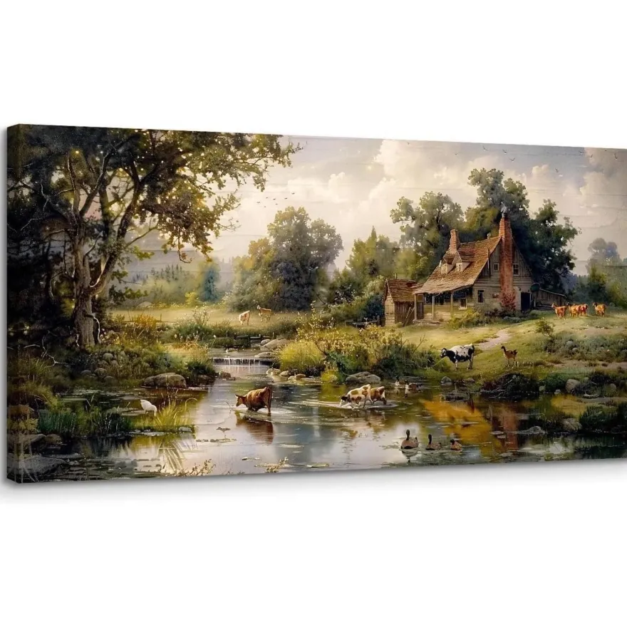 MHARTK66 Landgeflügel Leinwandbild 50x100 cm - Bauernhof am Flussufer Wandbild