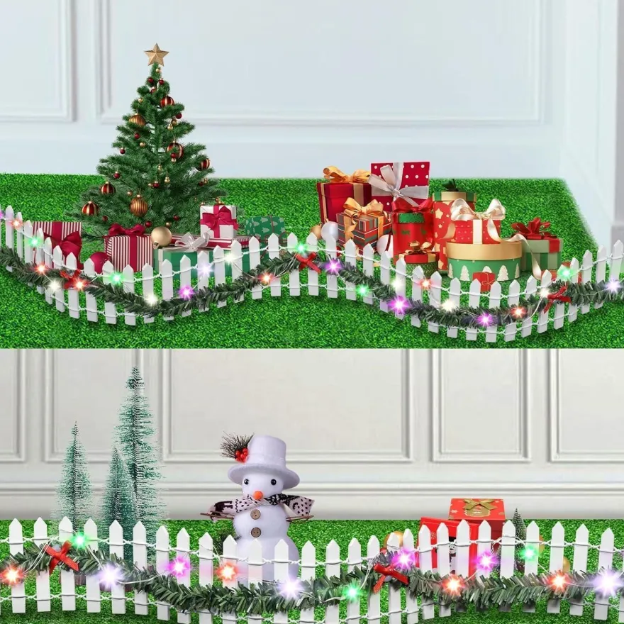 Miniatur Weihnachtszaun Holz mit LED 100x5cm Weiß - Deko Wichtel Gartenzaun