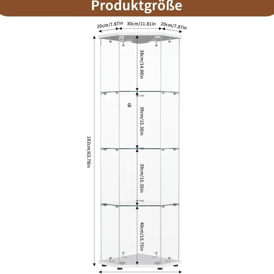 Mioosut Eckvitrine mit Glastüren und LED-Beleuchtung, 4 Ebenen, abschließbar