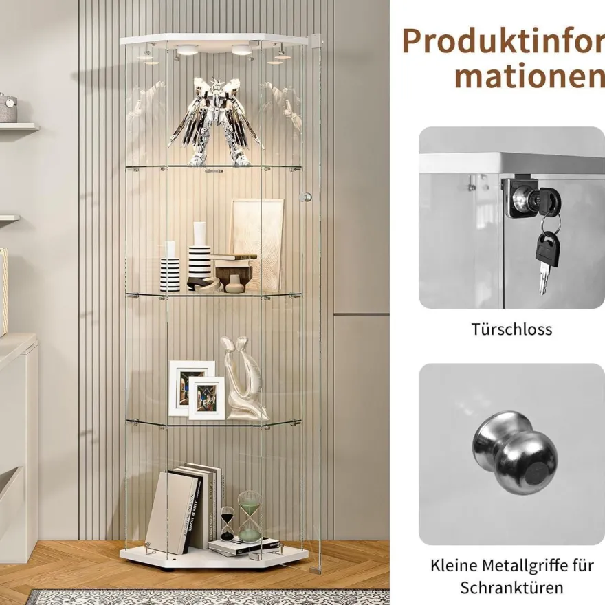 Mioosut Eckvitrine mit Glastüren und LED-Beleuchtung, 4 Ebenen, abschließbar