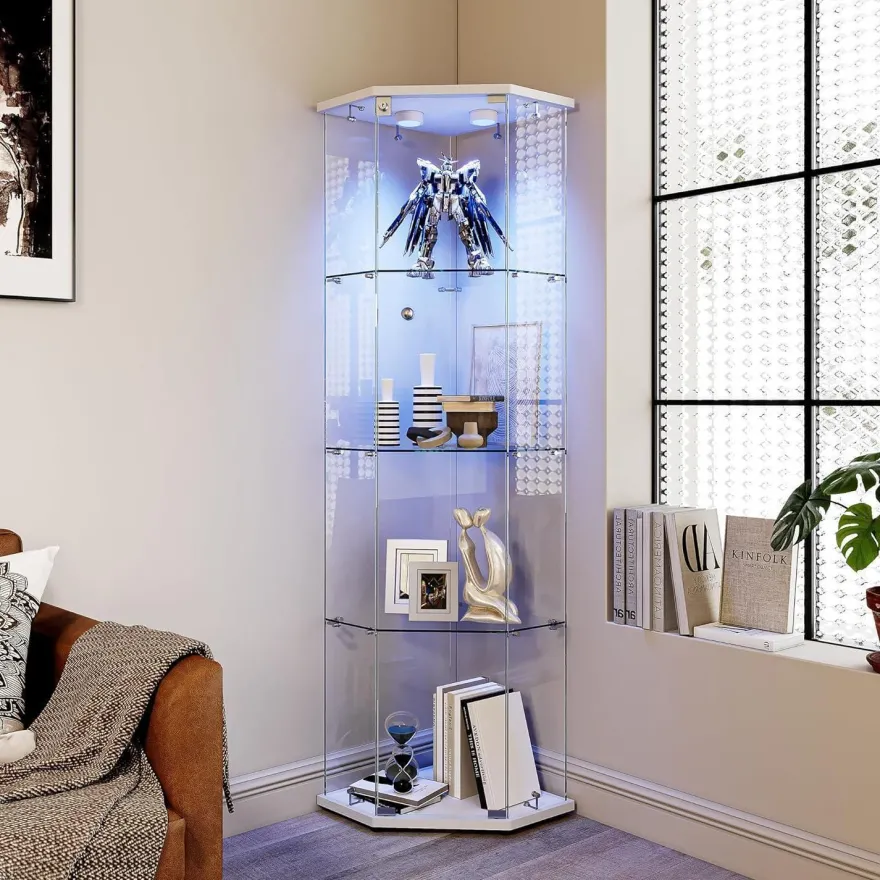 Mioosut Eckvitrine mit Glastüren und LED-Beleuchtung, 4 Ebenen, abschließbar