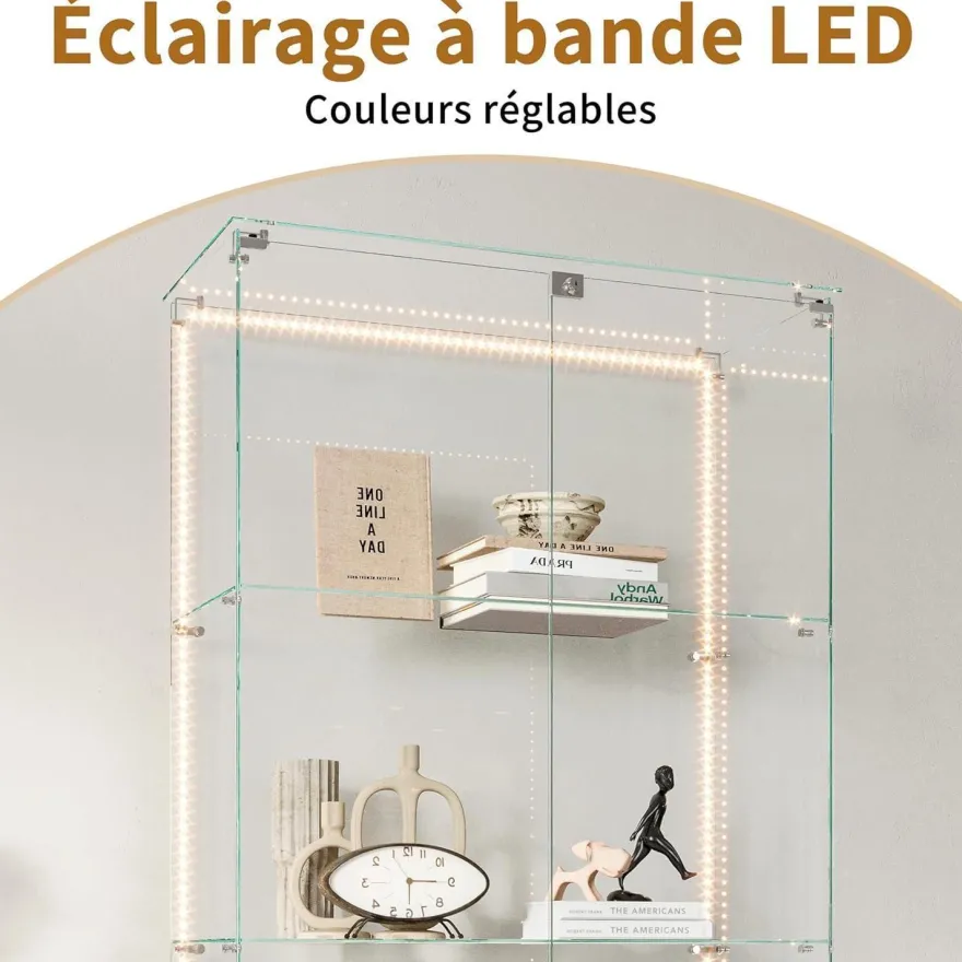 Mioosut Glasvitrine mit LED-Licht, 5 Regalen, 2 Türen, 78.5x34.5x186.5cm, Weiß