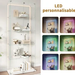 Mioosut Glasvitrine mit LED-Licht, 5 Regalen, 2 Türen, 78.5x34.5x186.5cm, Weiß