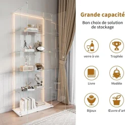 Mioosut Glasvitrine mit LED-Licht, 5 Regalen, 2 Türen, 78.5x34.5x186.5cm, Weiß