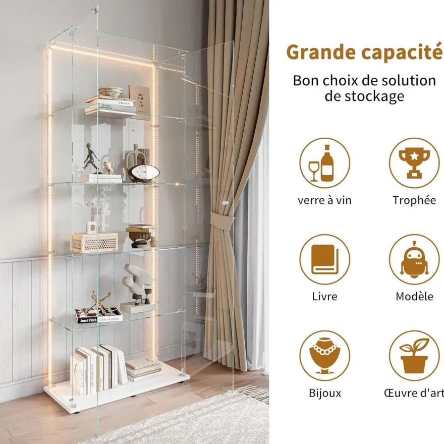 Mioosut Glasvitrine mit LED-Licht, 5 Regalen, 2 Türen, 78.5x34.5x186.5cm, Weiß