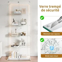 Mioosut Glasvitrine mit LED-Licht, 5 Regalen, 2 Türen, 78.5x34.5x186.5cm, Weiß