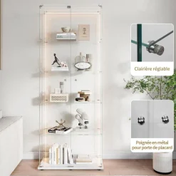 Mioosut Glasvitrine mit LED-Licht, 5 Regalen, 2 Türen, 78.5x34.5x186.5cm, Weiß