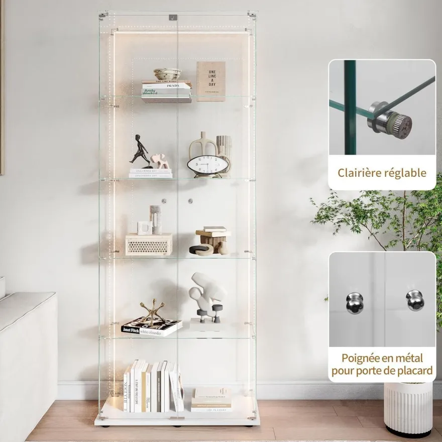 Mioosut Glasvitrine mit LED-Licht, 5 Regalen, 2 Türen, 78.5x34.5x186.5cm, Weiß