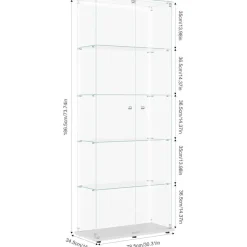 Mioosut Glasvitrine mit LED-Licht, 5 Regalen, 2 Türen, 78.5x34.5x186.5cm, Weiß