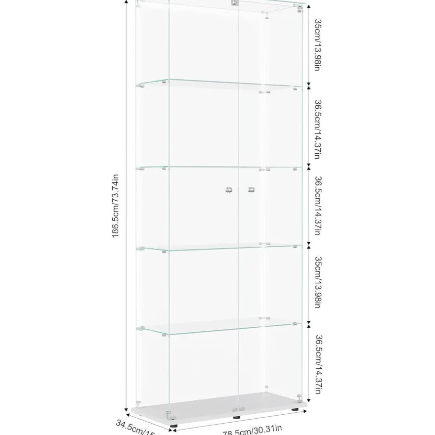 Mioosut Glasvitrine mit LED-Licht, 5 Regalen, 2 Türen, 78.5x34.5x186.5cm, Weiß