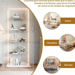 Mioosut Glasvitrine mit LED-Licht, 5 Regalen, 2 Türen, 78.5x34.5x186.5cm, Weiß