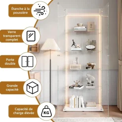 Mioosut Glasvitrine mit LED-Licht, 5 Regalen, 2 Türen, 78.5x34.5x186.5cm, Weiß