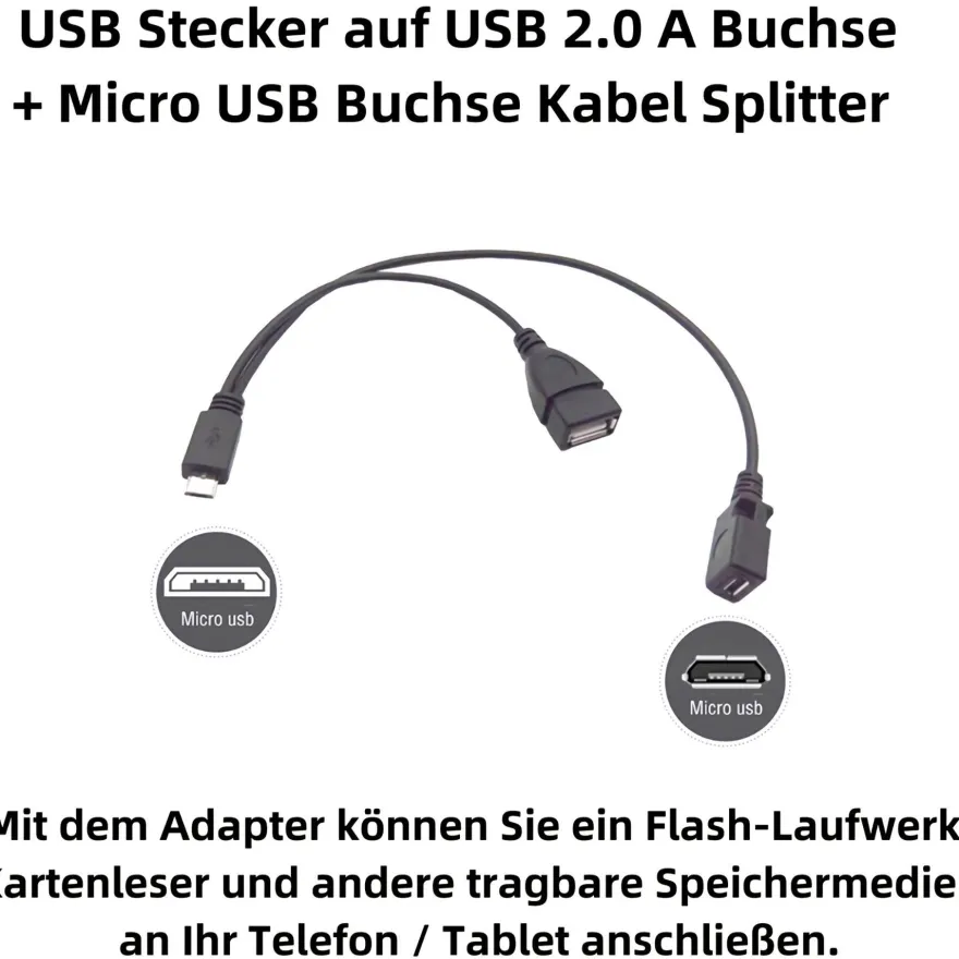 M00 Micro USB Stecker auf USB 2.0 A Buchse + Micro USB Buchse Splitter OTG Kabel 30cm