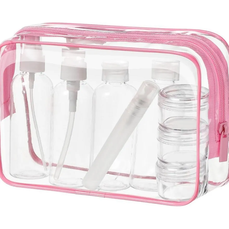 Mococito Kulturbeutel Transparent mit 8 Reiseflaschen zum Befüllen (100ml)