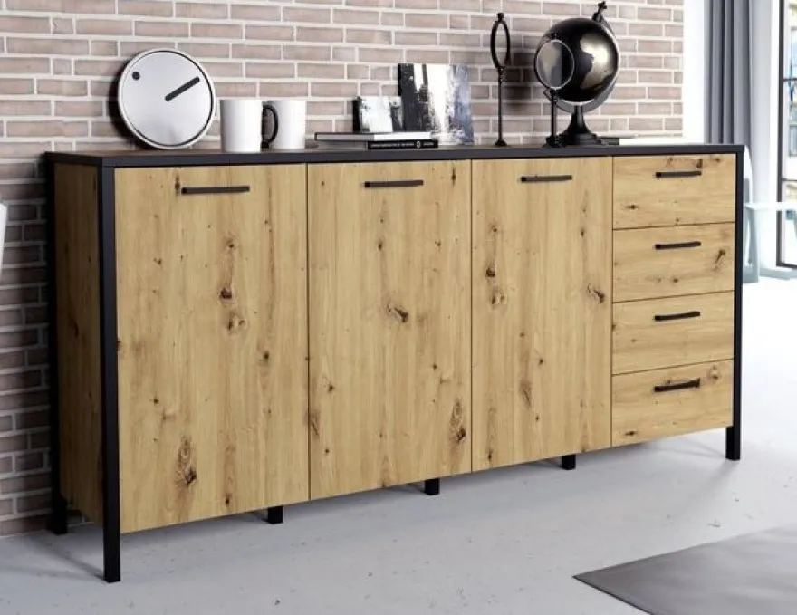Moderne Sideboard Kommode 184 cm Kirikus Eiche/ Schwarz