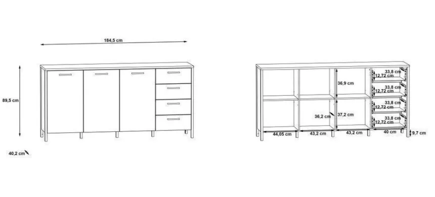 Moderne Sideboard Kommode 184 cm Kirikus Eiche/ Schwarz