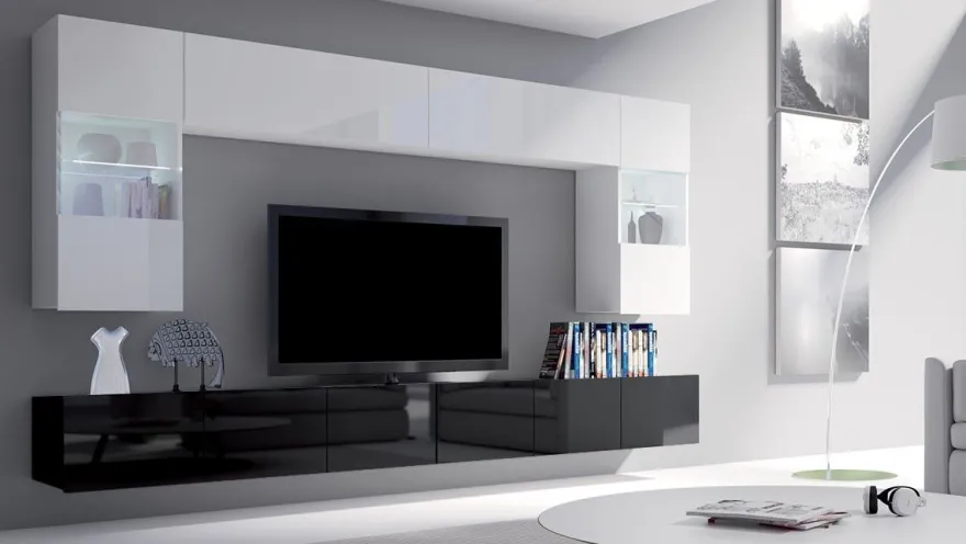 Moderne Wohnwand Calabrini-1 Wohnzimmer-Set Hängewohnwand Hochglanz 10-Farben