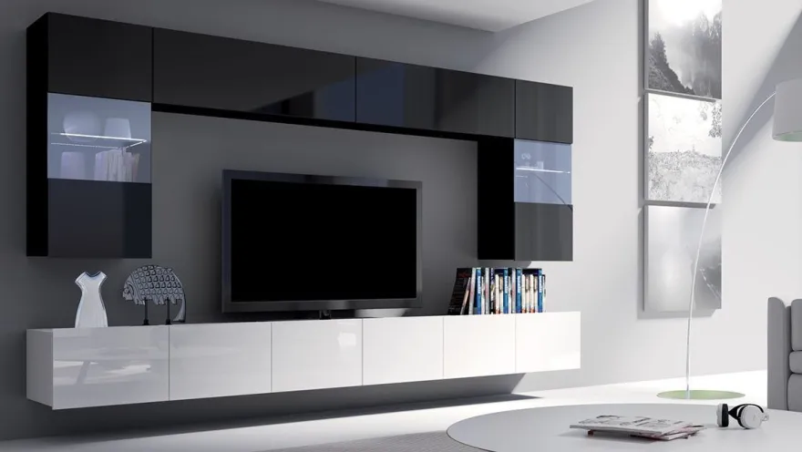 Moderne Wohnwand Calabrini-1 Wohnzimmer-Set Hängewohnwand Hochglanz 10-Farben