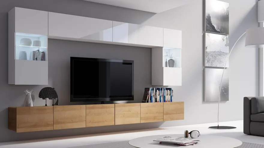 Moderne Wohnwand Calabrini-1 Wohnzimmer-Set Hängewohnwand Hochglanz 10-Farben