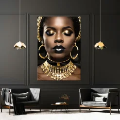Modern Wandbild deko Frau Schwarz Gold Poster , Acrylglas + Aluminium , Leinwand