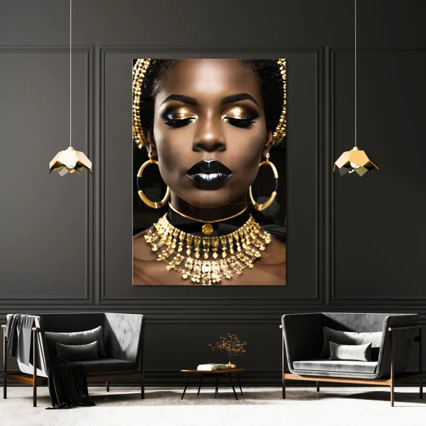 Modern Wandbild deko Frau Schwarz Gold Poster , Acrylglas + Aluminium , Leinwand