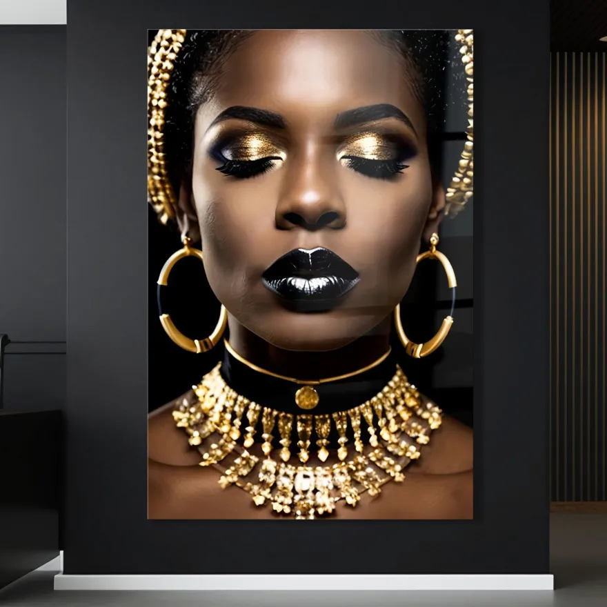 Modern Wandbild deko Frau Schwarz Gold Poster , Acrylglas + Aluminium , Leinwand
