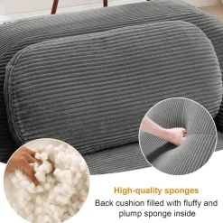 Modulares 3-Sitzer Cord-Sofa mit 2 Ottomane, Boneless Couch, montagefrei, grau