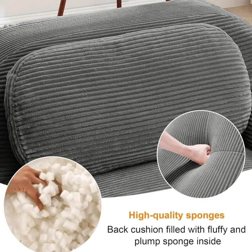 Modulares 3-Sitzer Cord-Sofa mit 2 Ottomane, Boneless Couch, montagefrei, grau