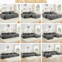 Modulares 3-Sitzer Cord-Sofa mit 2 Ottomane, Boneless Couch, montagefrei, grau