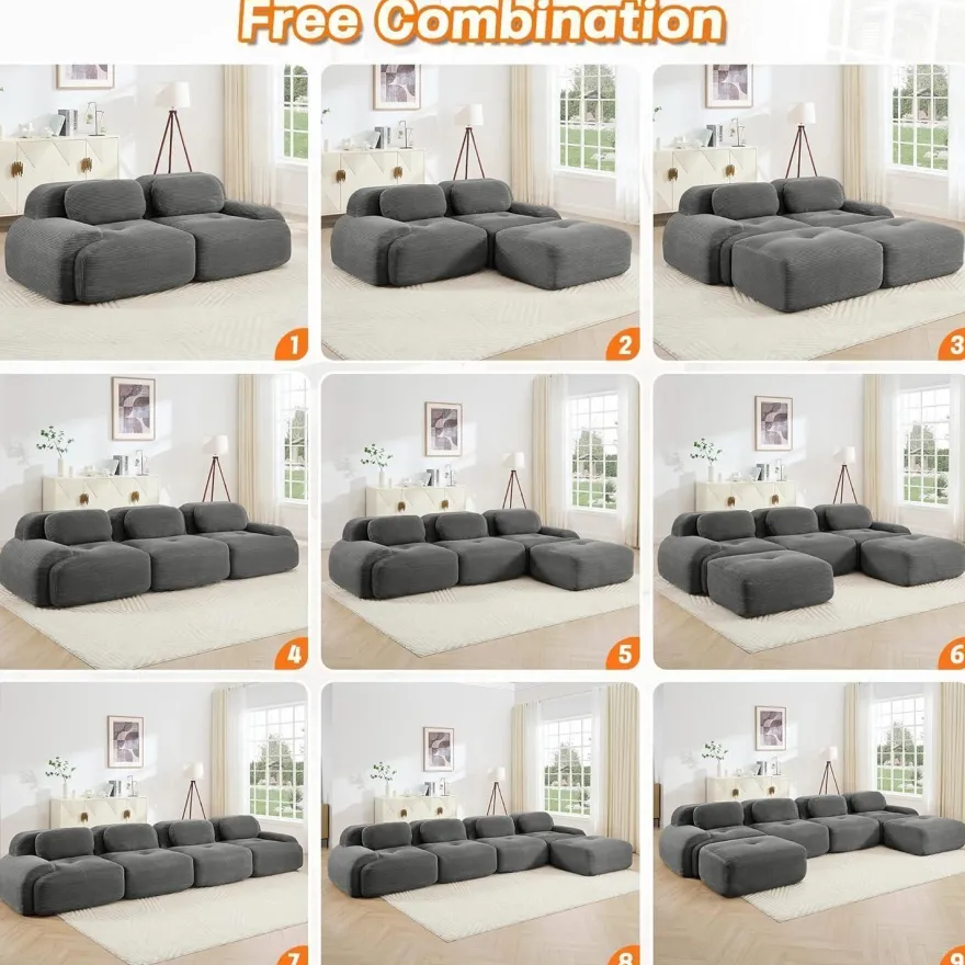 Modulares 3-Sitzer Cord-Sofa mit 2 Ottomane, Boneless Couch, montagefrei, grau