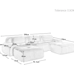 Modulares 3-Sitzer Cord-Sofa mit 2 Ottomane, Boneless Couch, montagefrei, grau