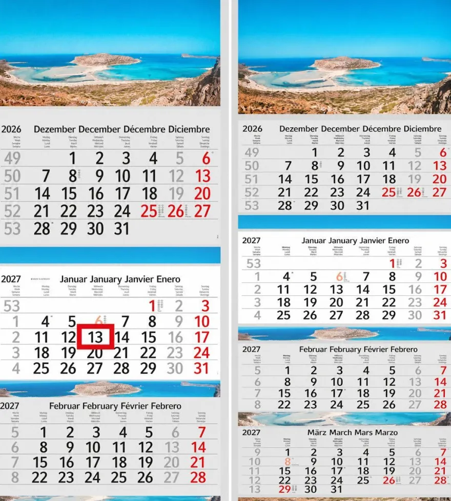 3 / 4 Monatskalender 2027 Wandkalender Fotokalender Motivkalender Kalender mit Strand