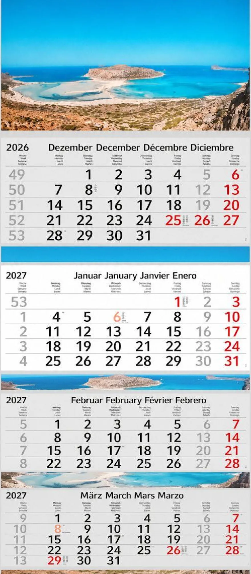3 / 4 Monatskalender 2027 Wandkalender Fotokalender Motivkalender Kalender mit Strand