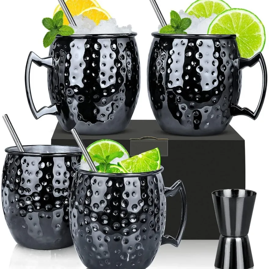 Moscow Mule Becher Set 4er Gunmetal Schwarz 550ml Trinkhalme Messbecher