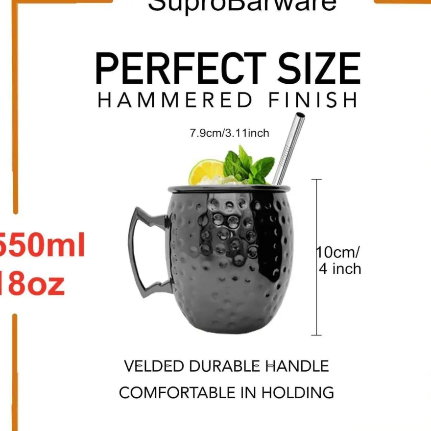 Moscow Mule Becher Set 4er Gunmetal Schwarz 550ml Trinkhalme Messbecher