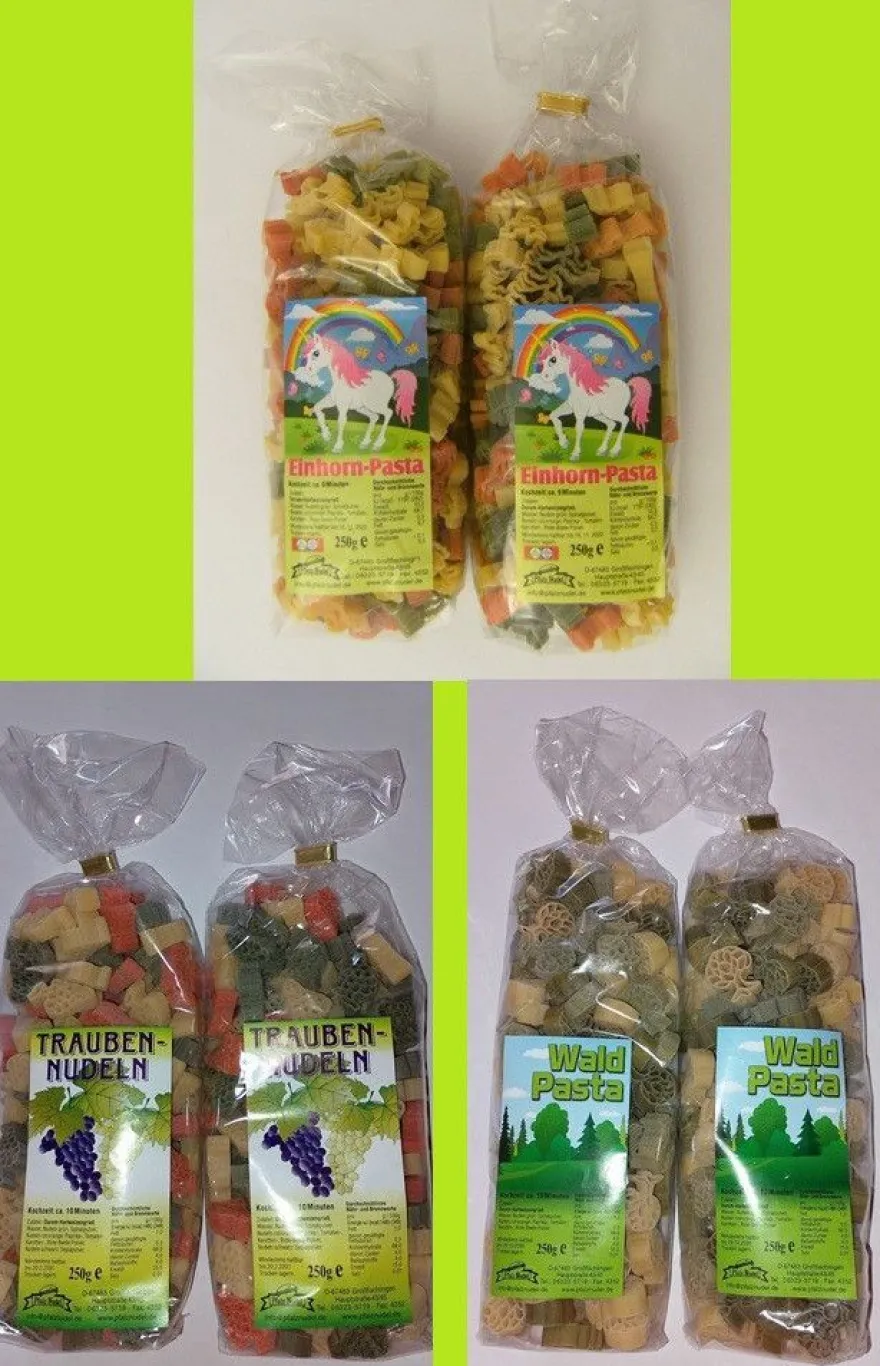 Motivnudeln Einhörner Wald Trauben 1Set = 2x 250g Nudeln Pasta Streuteile Bäume Baum