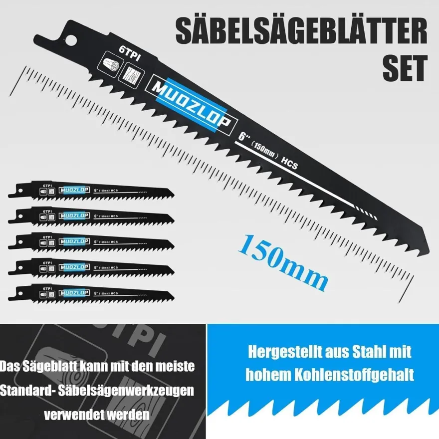 Muozlop 5er Set Säbelsägeblätter 150mm, 6 TPI - Ideal für Holz und