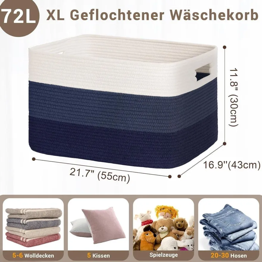 Myhommatto 72L Aufbewahrungskorb groß aus Baumwollseil, geflochten mit Griffen