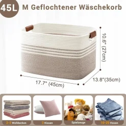 Myhommatto Wäschekorb Geflochten Klein aus Baumwollseil, 45L Aufbewahrungskorb