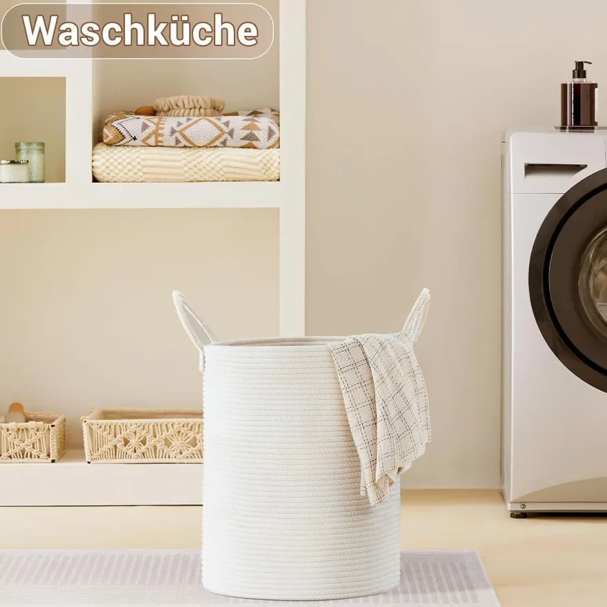 Myhommatto Wäschekorb 53L Rund Geflochten mit Baumwoll Henkel, Aufbewahrung für