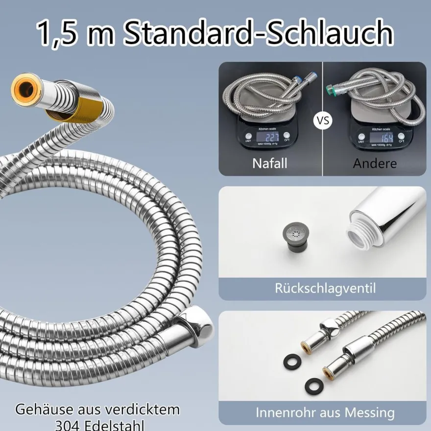 Nafall Duschkopf Filter 5 Strahlarten, Hochdruck, Wassersparend 1.5m Schlauch