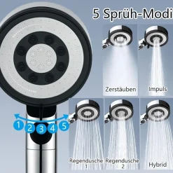 Nafall Duschkopf Filter 5 Strahlarten, Hochdruck, Wassersparend 1.5m Schlauch