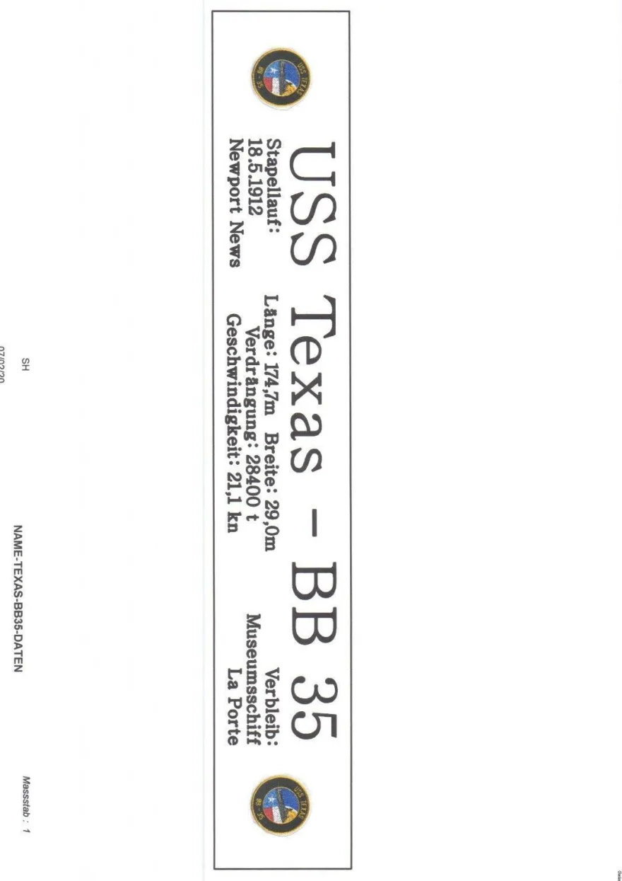 Namensschild für Modellständer mit Daten - USS Texas BB35