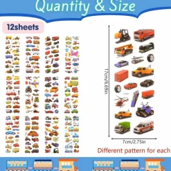 Neerow 3D Aufkleber für Kinder, 12 Blätter Transportfahrzeug Auto Sticker