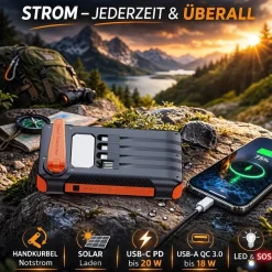 NEU Solar Kurbel Dynamo Powerbank 10Ah 37Wh für Outdoor Camping Wandern Zelten
