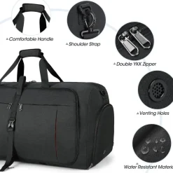 NUBILY Faltbare Reisetasche Sporttasche 65L Damen Herren Schwarz
