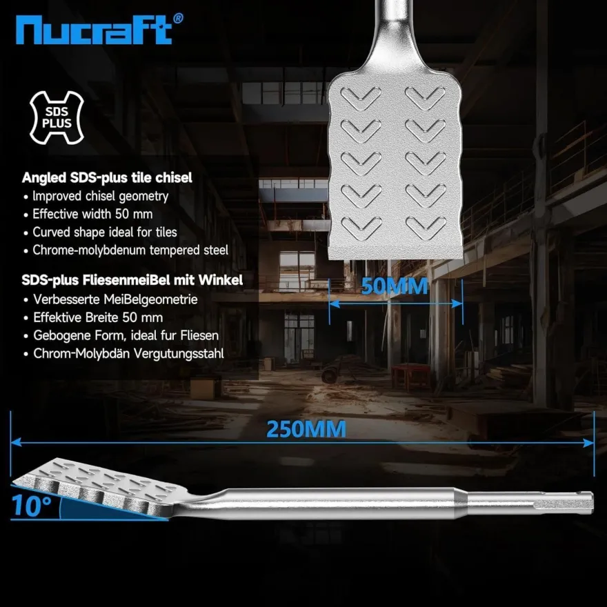 Nucraft SDS-Plus Fliesenmeißel 250x50mm, 10° gebogen