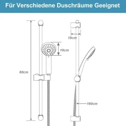 OFFO Duschset 60cm Duschstange mit 10cm Duschkopf, 3 Strahlarten, Verstellbare